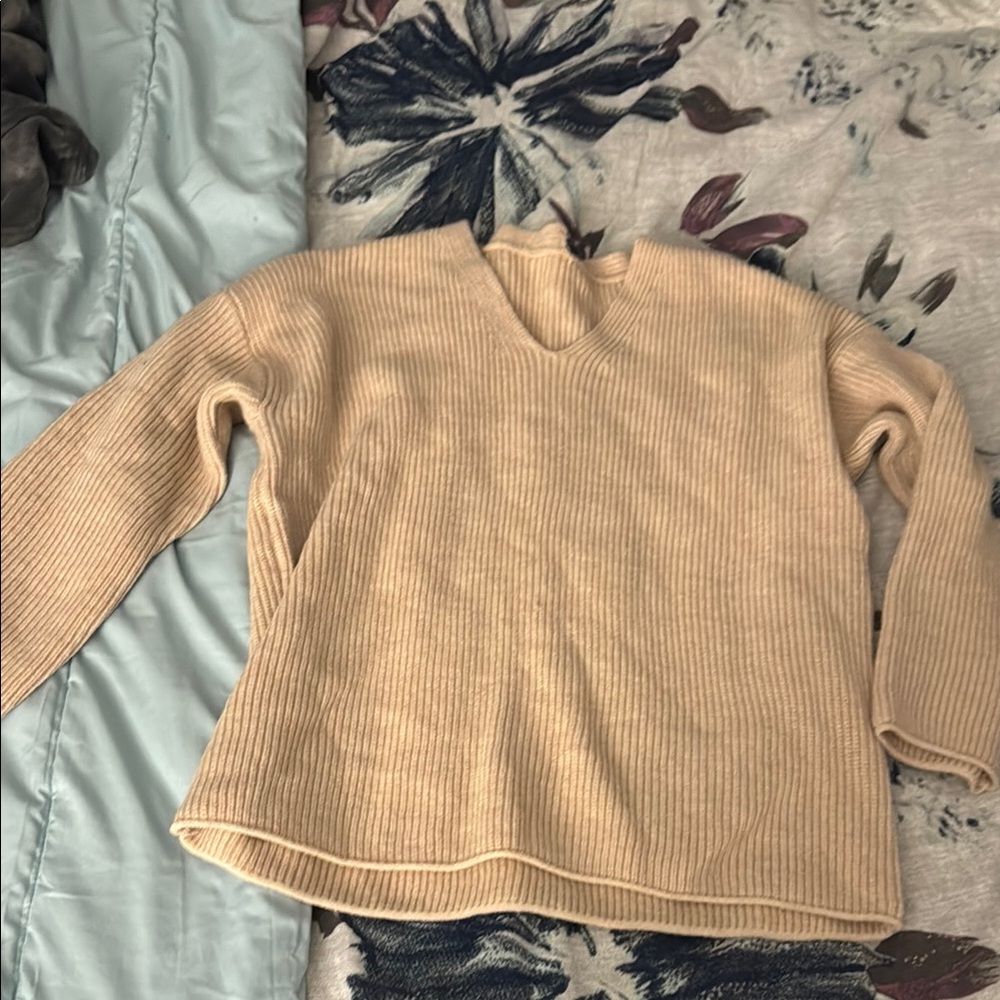Cream V-Neck Sweater with Textured Knit